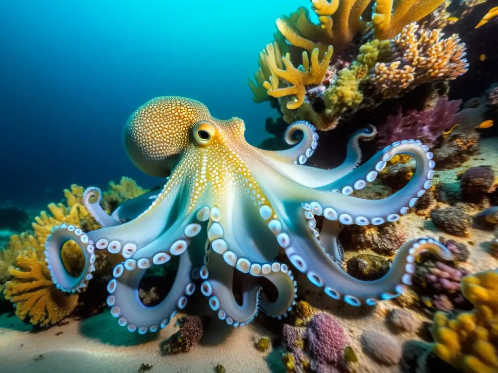 Un pulpo iridiscente se desliza elegante entre un arrecife de coral, mostrando la complejidad y belleza de los pulpos en su hábitat natural