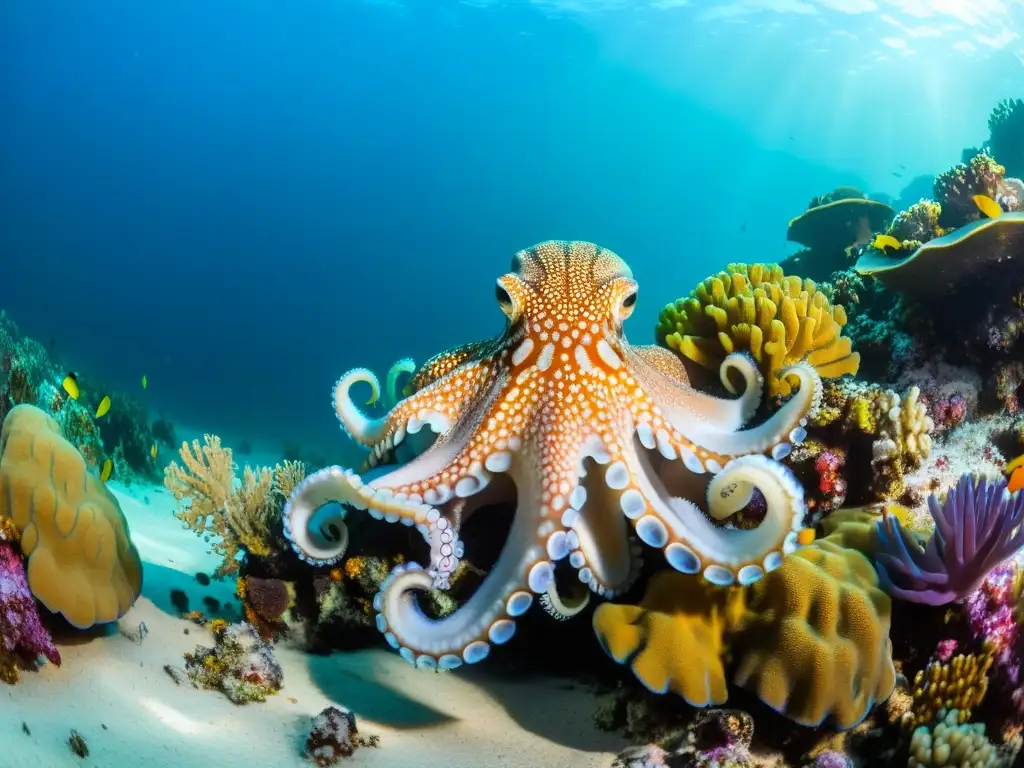 Un pulpo sostenible se camufla entre un vibrante arrecife de coral, creando un espectáculo submarino