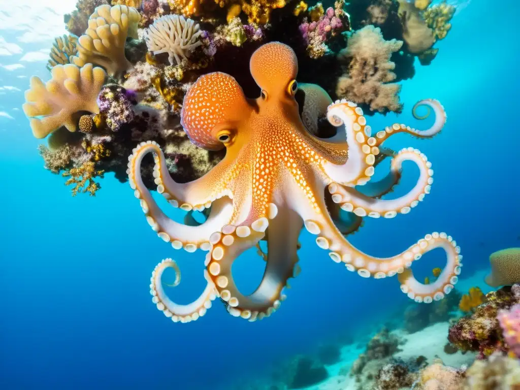Un pulpo sostenible se desliza elegantemente entre un vibrante arrecife de coral, rodeado de peces coloridos