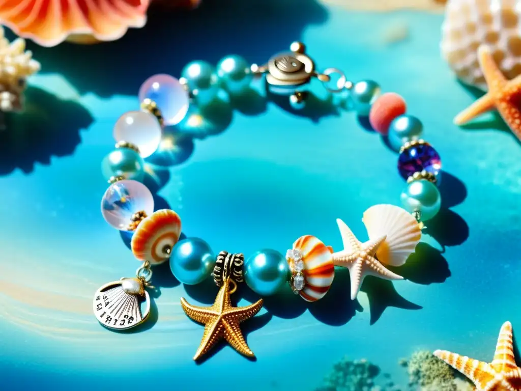 Una pulsera inspirada en leyendas marinas, con encantos marinos detallados, en un ambiente de coral vibrante y agua cristalina