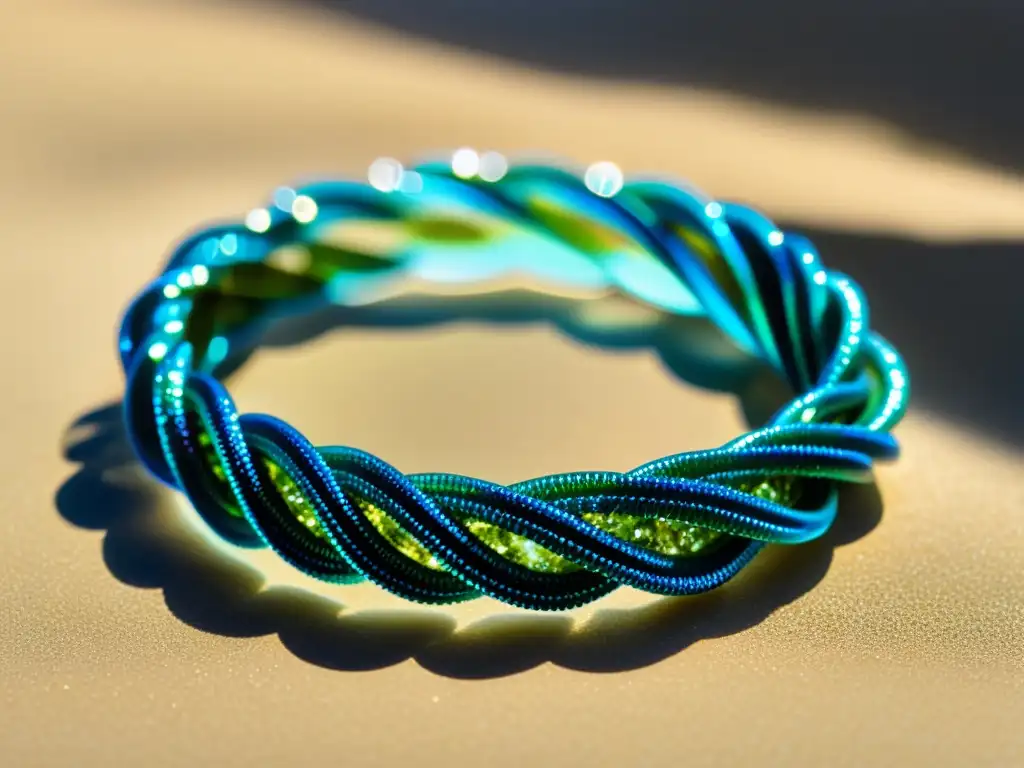 Una pulsera iridiscente de algas marinas en tonos verdes y azules, brilla bajo el agua