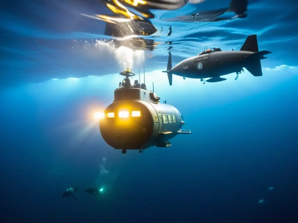 Expedición al punto más profundo del océano: submersible iluminando la vida marina bioluminiscente en la oscuridad abisal