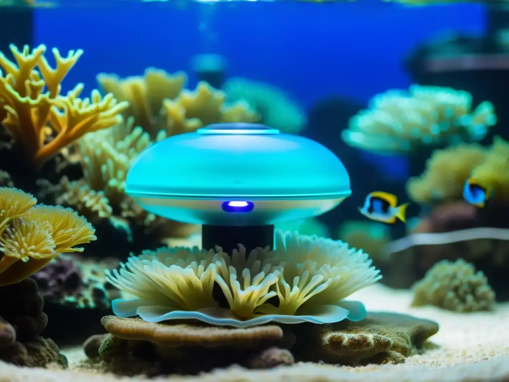 Un purificador de agua UV para acuarios marinos se integra armónicamente en un vibrante ecosistema acuático, iluminando el entorno con su suave resplandor azul