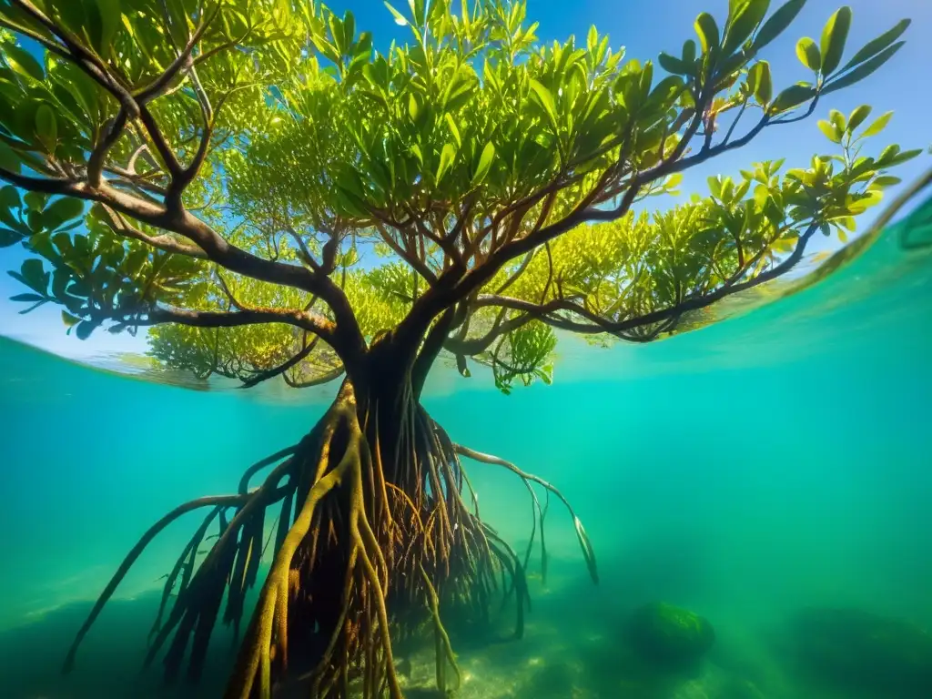 Raíces de manglares tejiendo un ecosistema vibrante bajo el agua turquesa, promoviendo el turismo sostenible manglares
