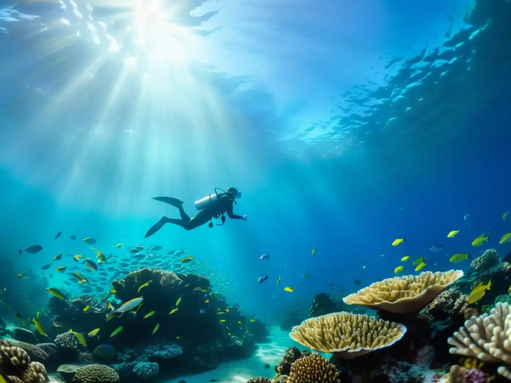 Realidad virtual educativa: un arrecife de coral vibrante rebosante de vida marina y coloridos peces, bajo el sol filtrando a través del agua