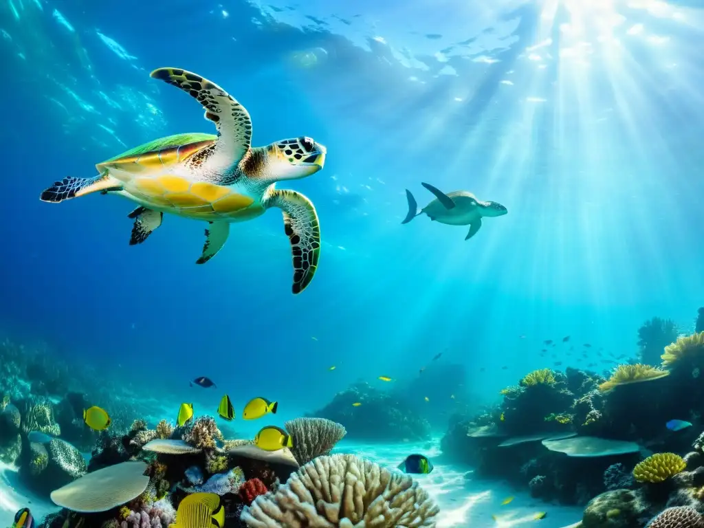 Realidad virtual educativa: vida marina en un vibrante y diverso ecosistema submarino con corales, peces tropicales y una majestuosa tortuga marina