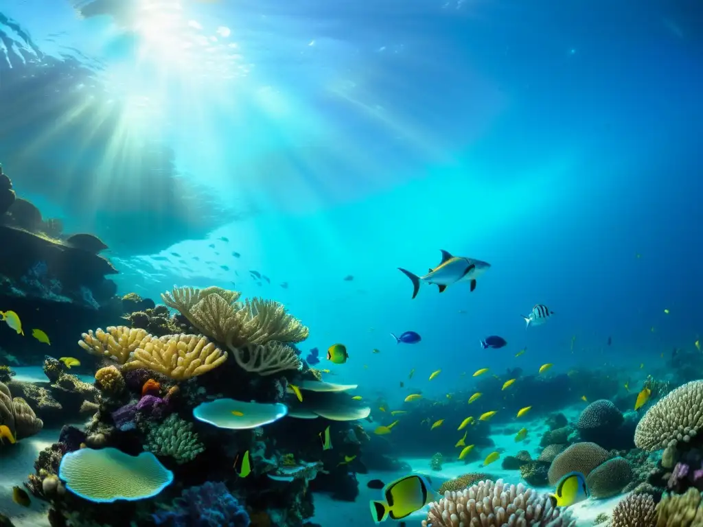 Aplicación de realidad virtual en educación marina: Increíble arrecife de coral con peces coloridos y vida marina, bañado por la luz del sol