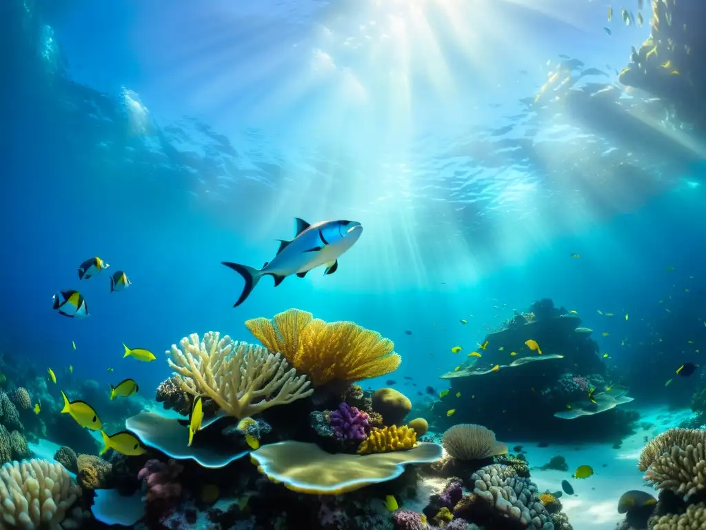 Realidad virtual para exploración oceánica: un vibrante arrecife de coral lleno de vida marina, con peces de colores y una luz etérea