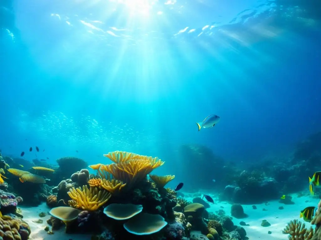 Recetas de mariscos sostenibles: Fotografía submarina de un arrecife de coral vibrante, lleno de vida marina colorida y diversa