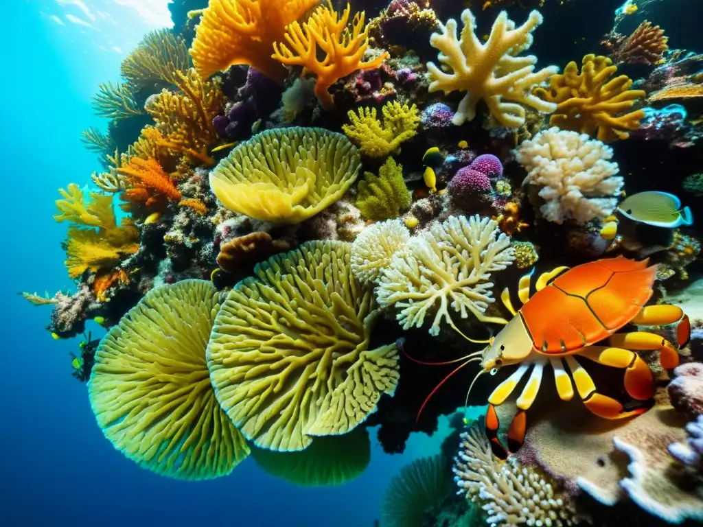 Reconocimiento de especies de crustáceos marinos en un arrecife de coral vibrante lleno de vida marina diversa y colorida