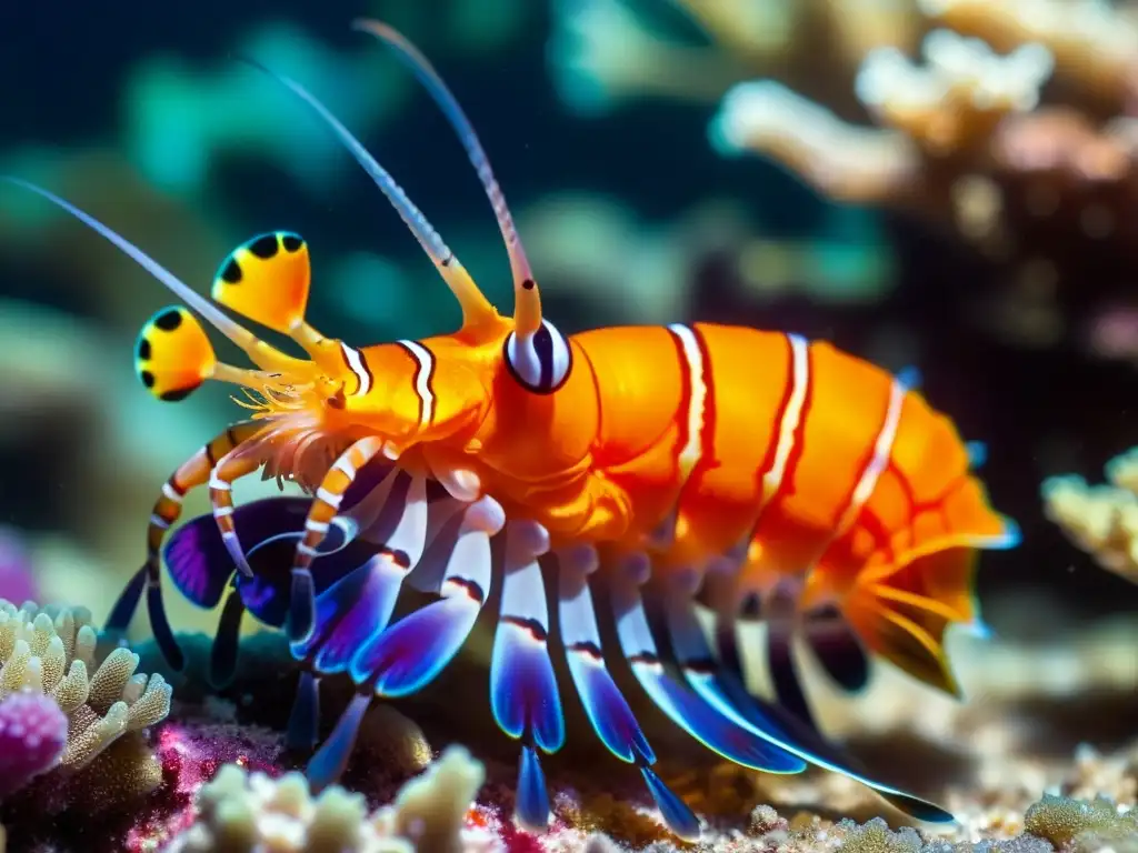 Reconocimiento de especies de crustáceos marinos: Detalle de un impresionante camarón mantis en arrecife de coral vibrante