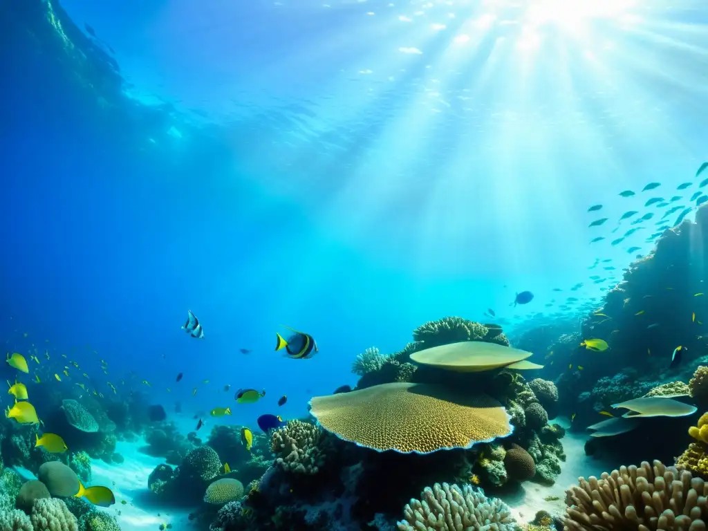 Refulgente arrecife de coral: vida submarina Recorridos virtuales vida marina oceánica: un vibrante arrecife de coral lleno de vida, con peces tropicales y una tortuga marina