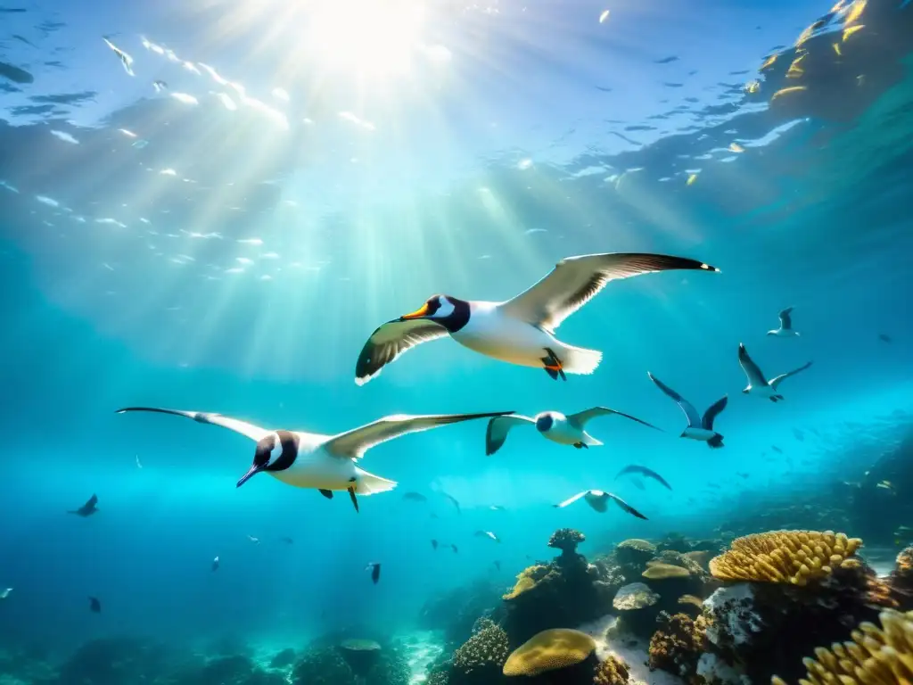 Recuperación poblaciones aves marinas: bandada de aves marinas vibrantes se sumerge en el océano, rodeada de peces y arrecifes de coral coloridos