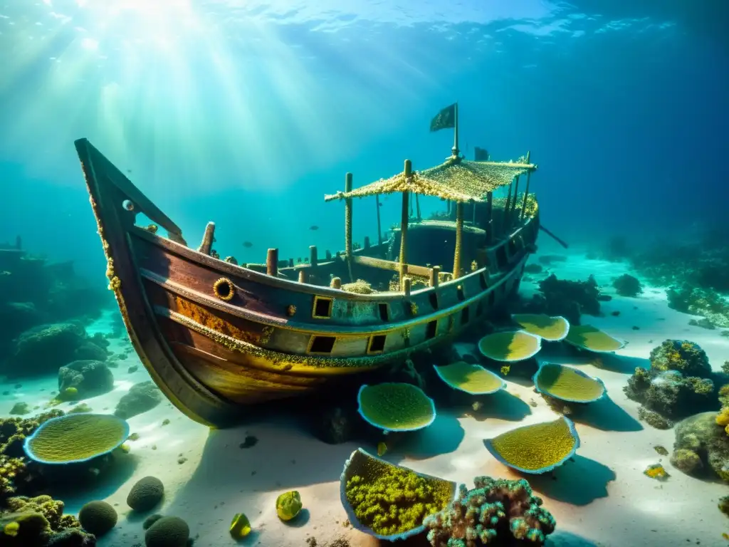 Recuperación de tesoros galeones hundidos: Antiguo galeón español cubierto de coral, peces y tesoros dorados en el fondo marino