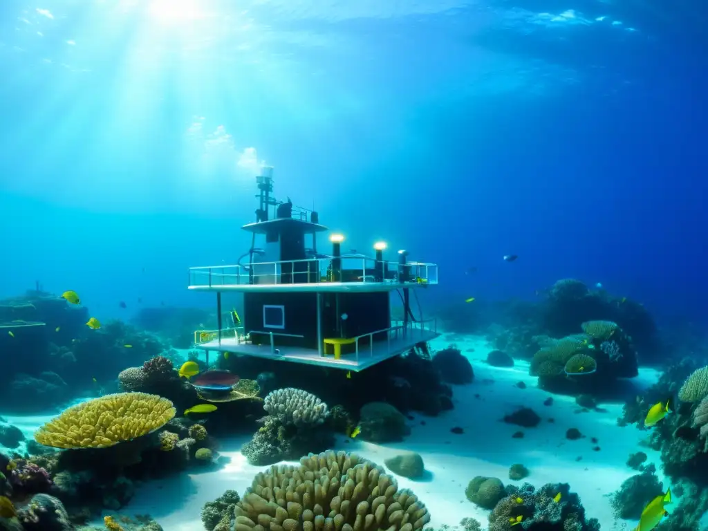 Estaciones meteorológicas marinas: Guardianes del océano Una red de estaciones meteorológicas marinas avanzadas rodeadas de arrecifes de coral vibrantes y vida marina colorida, destacando la importancia de las estaciones en la seguridad oceánica