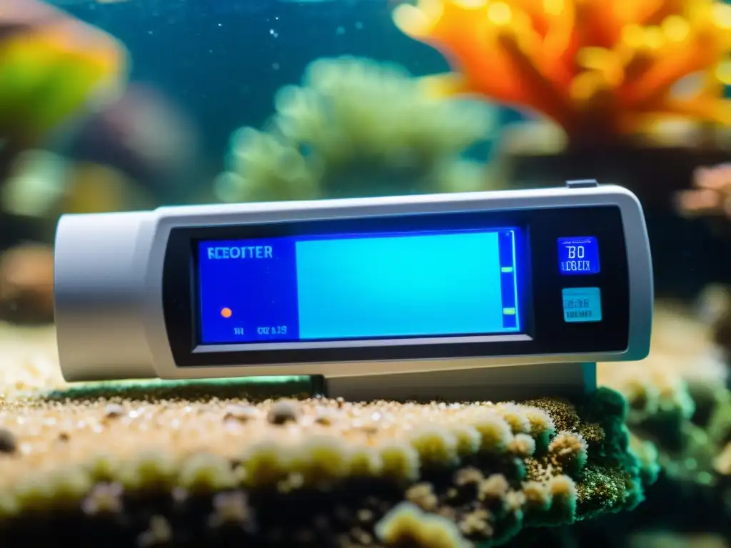 Un refractómetro digital para acuario marino muestra mediciones precisas de salinidad en un acuario cristalino con coral y peces coloridos