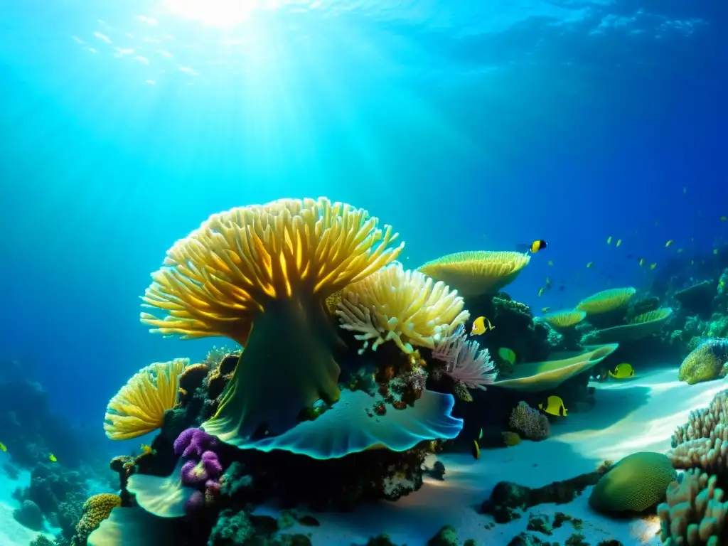 Refractómetros digitales para acuario marino: Closeup de un vibrante arrecife de coral en aguas cristalinas, con juegos de luz y sombra hipnotizantes