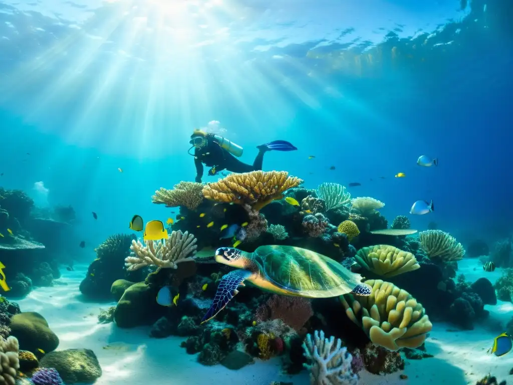 Registro cambios nivel mar global: Fotografía submarina de arrecife de coral con vida marina y rayos de luz solar