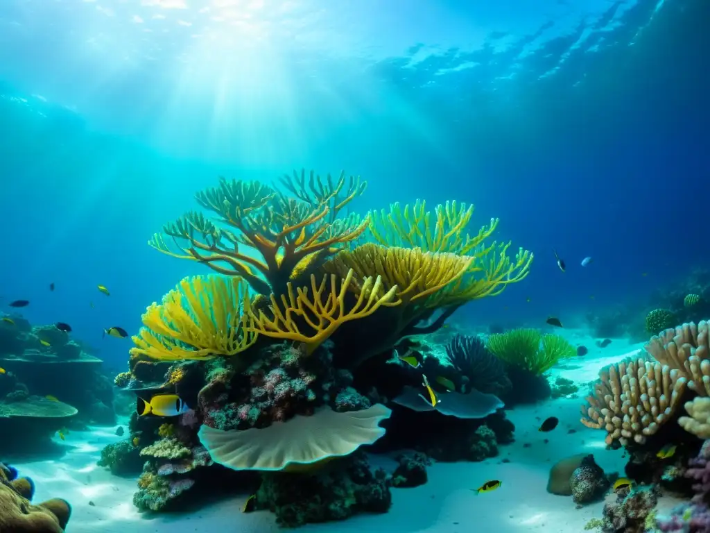 Registro cambios nivel mar global: Increíble arrecife de coral con vida vibrante, peces coloridos y plantas marinas, bañado por la luz del sol