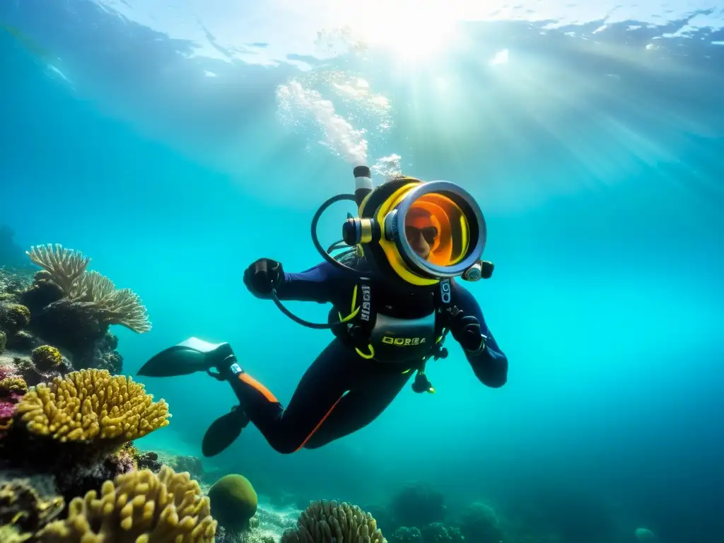 Un regulador de buceo de alto rendimiento sumergido en aguas cristalinas, resaltando la importancia del mejor regulador para inmersiones submarinas