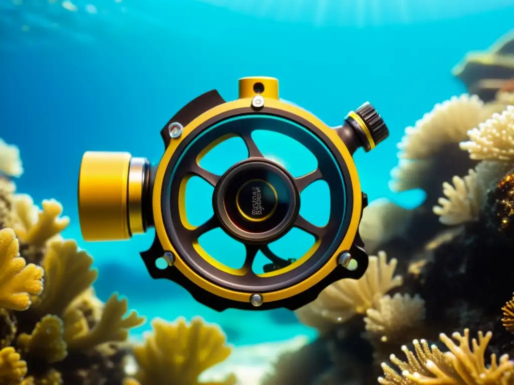 Regulador de buceo de última generación en aguas cristalinas Un regulador de buceo de última generación se destaca en el fondo del océano, mostrando las mejoras de inmersión