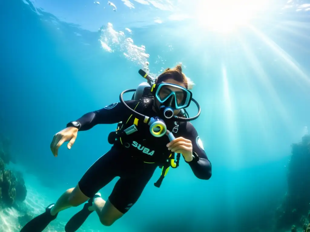Regulador de buceo bajo el agua: belleza y emoción Un regulador de buceo moderno brilla bajo el agua, rodeado de vida marina y burbujas, transmitiendo emoción y mejoras reguladores buceo inmersiones