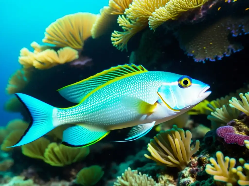 Una relación simbiótica en el océano: un pez limpiador cuidadosamente quitando parásitos de otro pez, con un arrecife de coral colorido de fondo y la luz del sol iluminando la escena