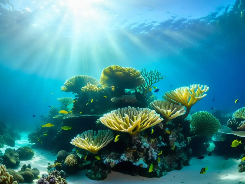 Relaciones saludables entre fauna y flora marina en un vibrante ecosistema submarino, con coral, peces y plantas marinas en armonía