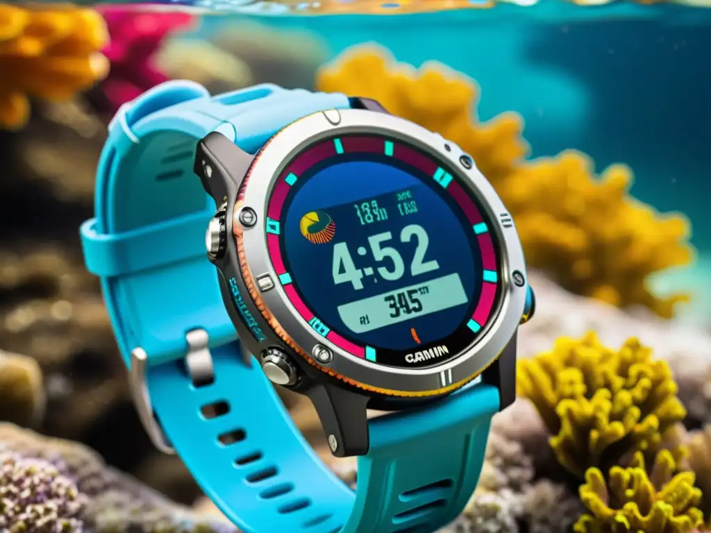 Un reloj de buceo Garmin Descent MK2 en el fondo marino, rodeado de arrecifes de coral y peces tropicales