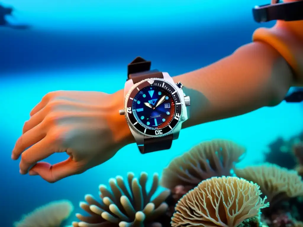 Un reloj de buceo futurista muestra métricas vitales en la muñeca de un buceador, con un arrecife de coral de fondo