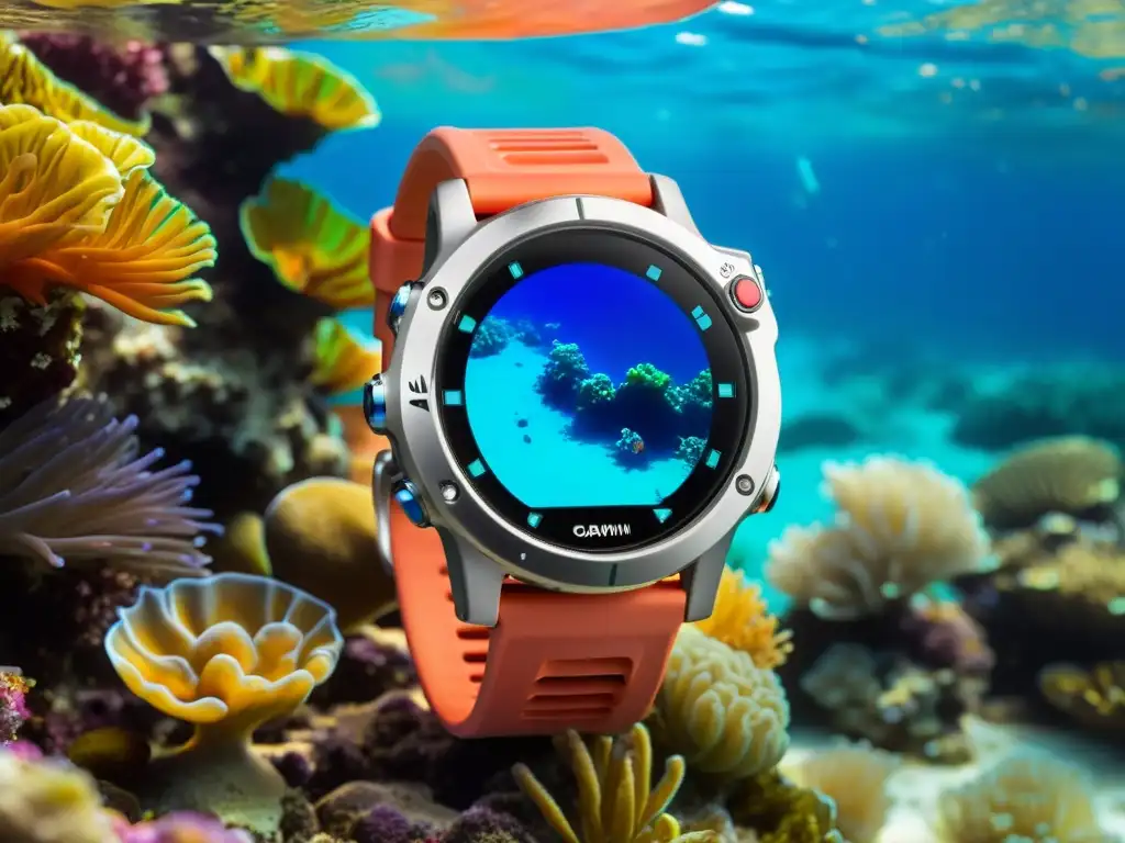 El reloj de buceo Garmin Descent MK2 se destaca en un vibrante arrecife de coral, rodeado de vida marina colorida