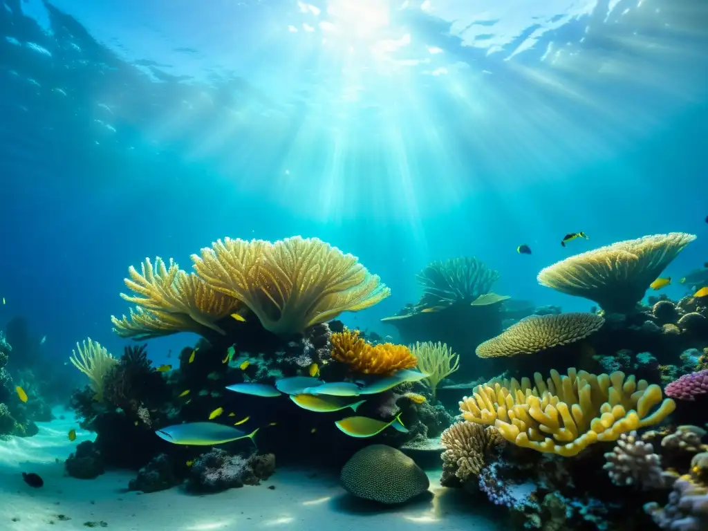 Reserva marina: un arrecife de coral vibrante y diverso, repleto de vida marina y plantas acuáticas, bañado por la luz del sol