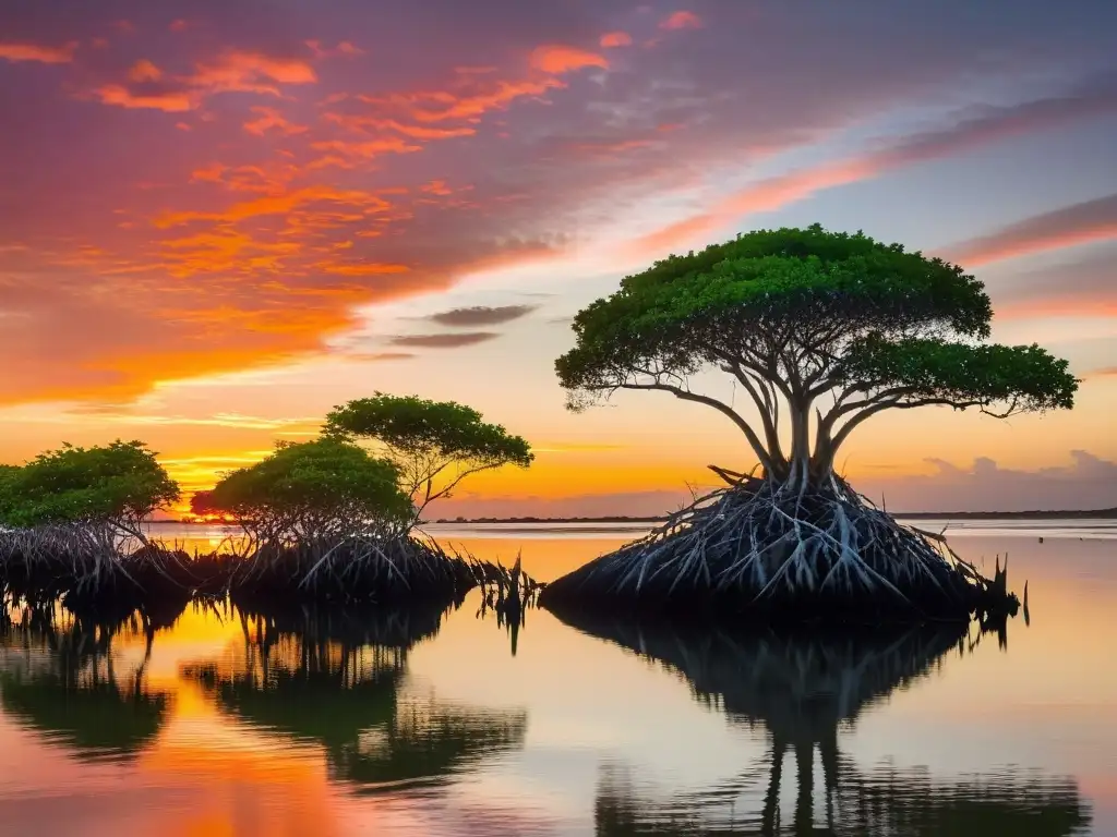 Reserva natural costera con manglares exuberantes reflejados en agua tranquila al atardecer