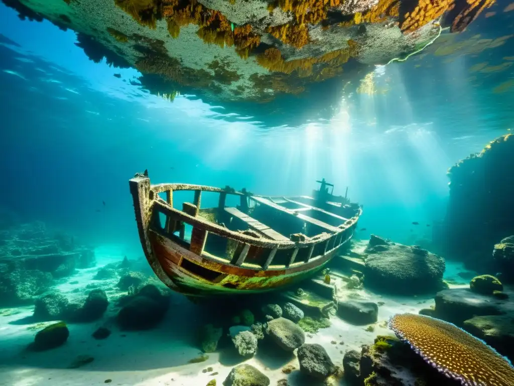 Restos históricos de naufragios y vida marina en un cenote con arrecifes de coral vibrantes y peces de colores