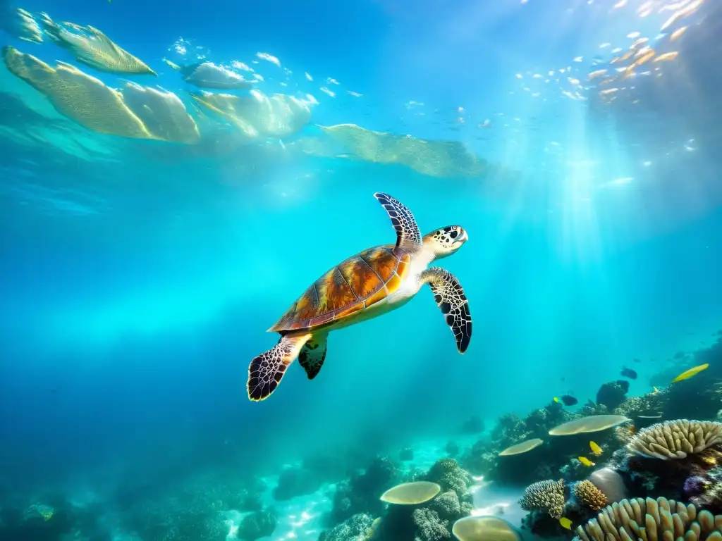 Retiros marinos ecológicos: Colorida vida marina en un arrecife de coral, con peces tropicales y una tortuga nadando