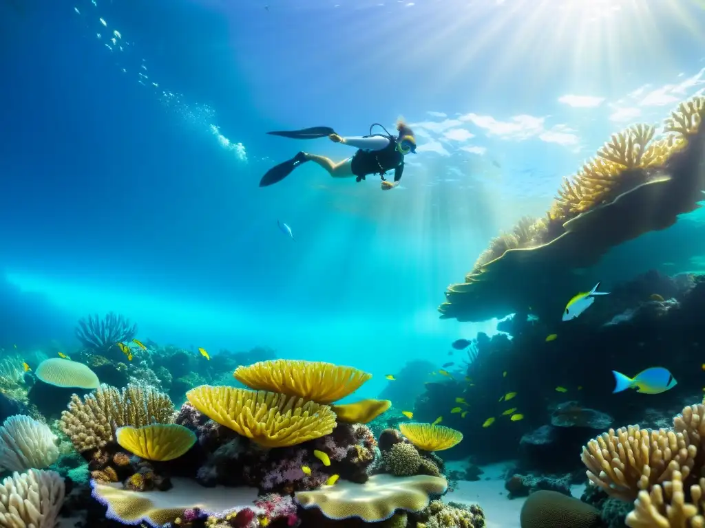 Retiros marinos ecológicos: Un vibrante arrecife de coral repleto de vida marina colorida y exuberante, bañado por aguas cristalinas