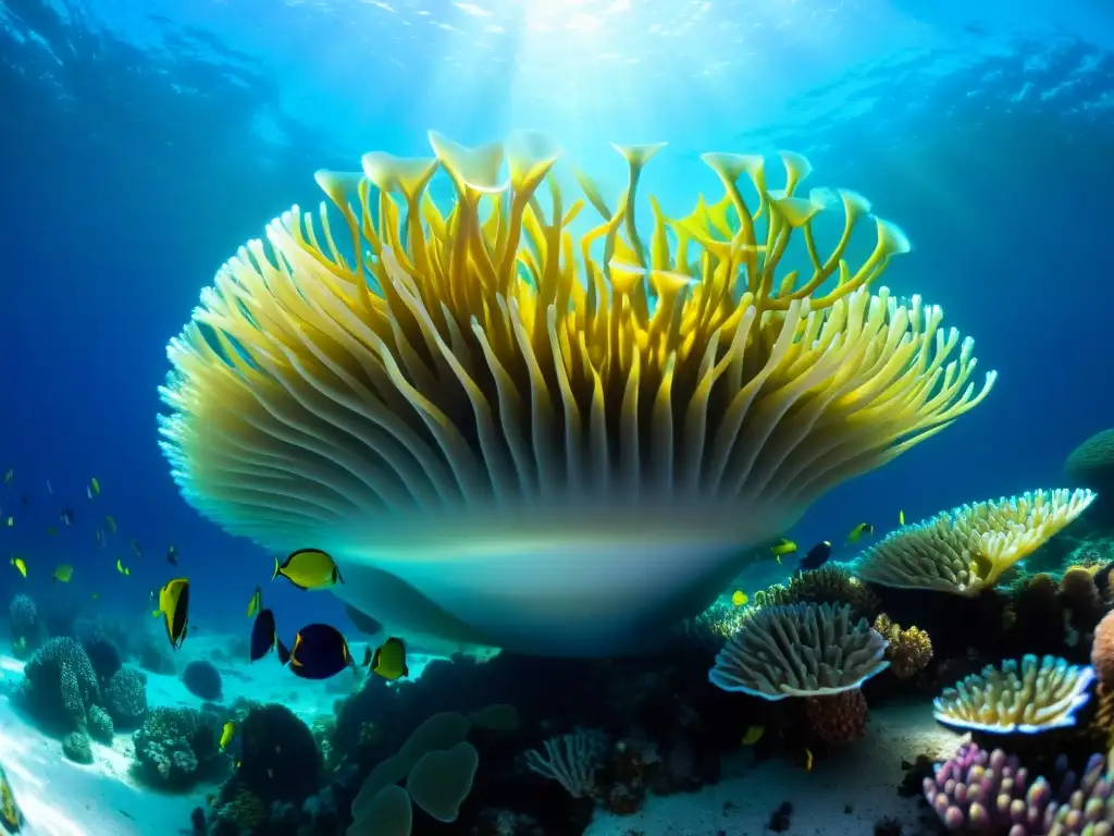 Retos éticos reportaje vida marina: Fotografía submarina de un arrecife de coral vibrante, repleto de vida marina y colores deslumbrantes