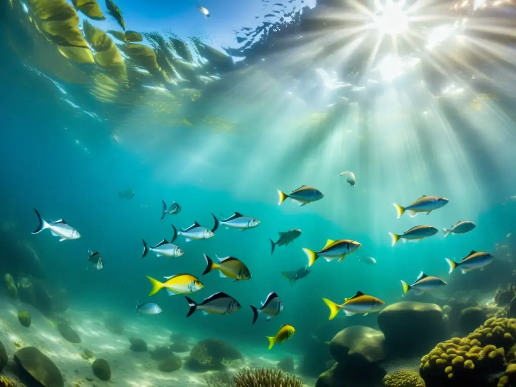 Un retrato detallado de la diversidad de peces de río en su hábitat natural, con movimientos de aletas y colores vibrantes, bajo el agua cristalina y el resplandor del sol