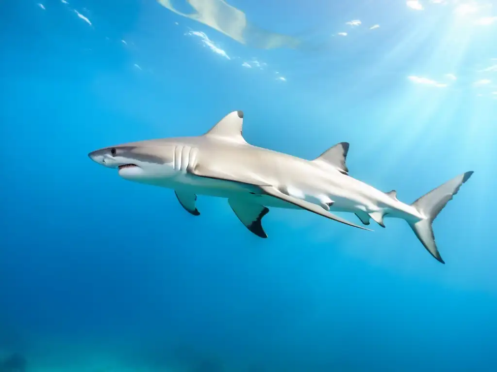 Rituales de apareamiento tiburones: Danza submarina de cortejo entre dos elegantes tiburones en aguas azules, bajo la suave luz del sol