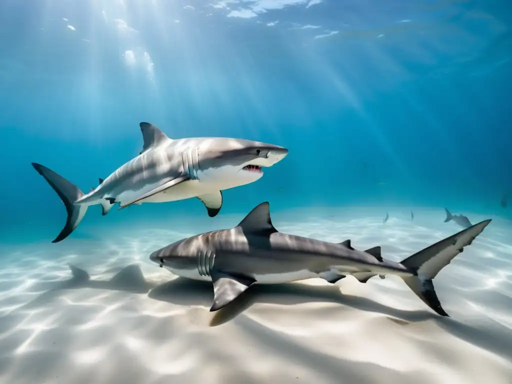 Rituales de apareamiento tiburones: Dos tiburones blancos nadan en aguas cristalinas, mostrando su intenso y bello cortejo bajo la luz del sol