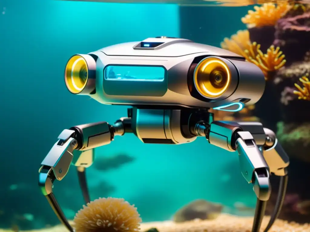 Robot limpiacristales para acuarios impecables deslizándose entre flora y fauna acuática en un mundo submarino de tecnología asombrosa