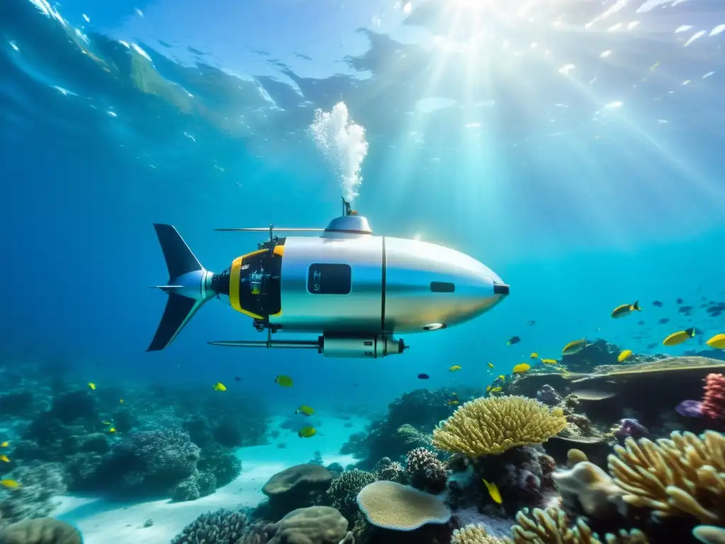 Un robot subacuático para exploración marina surcando aguas cristalinas entre la vida marina en un arrecife de coral vibrante