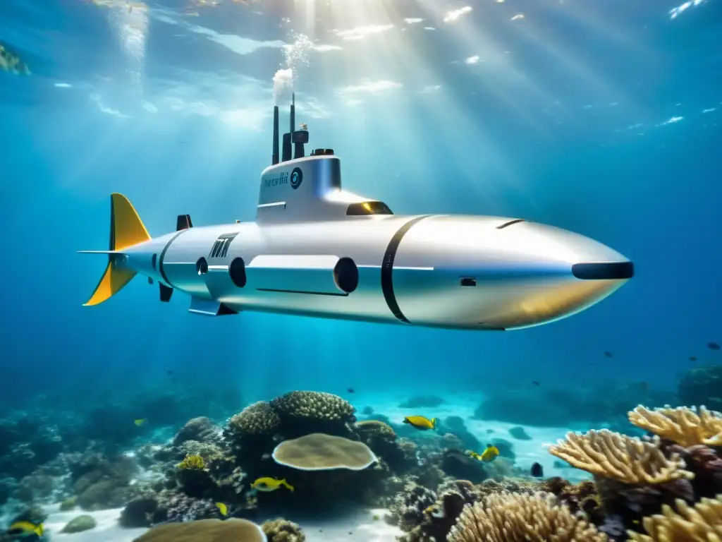 Un robot submarino para exploración oceánica surca elegante las aguas cristalinas, reflejando el sol en su exterior metálico mientras navega entre peces y corales vibrantes