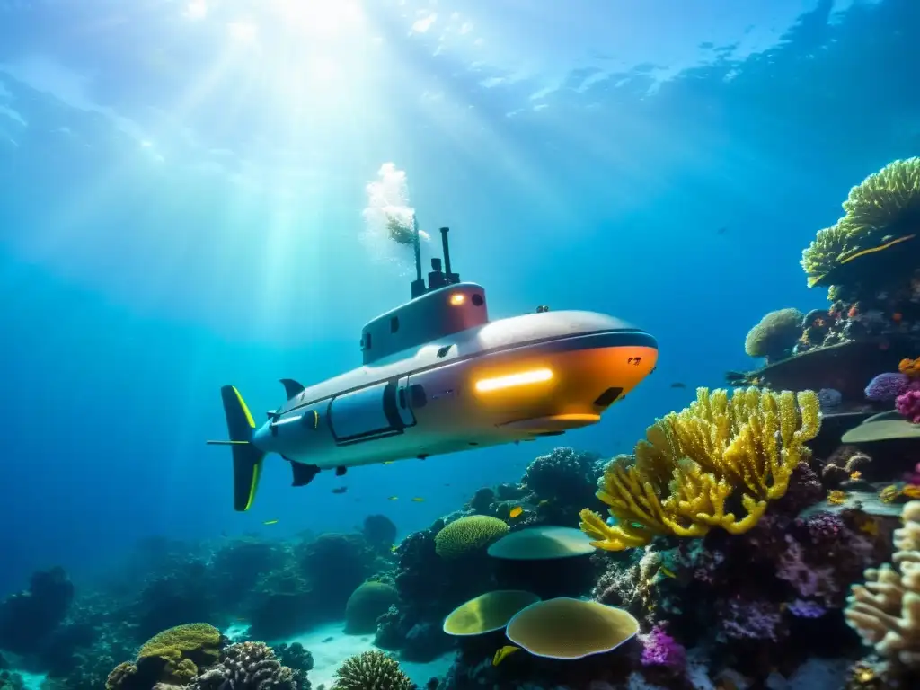 Un robot submarino elegante explorando un arrecife de coral vibrante, resaltando la importancia de los robots submarinos en la investigación marina