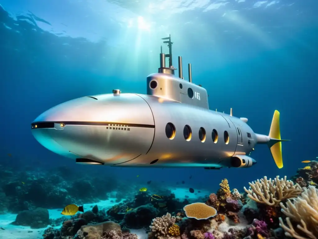 Un robot submarino para exploración oceánica navega entre peces y corales en las profundidades, integrando tecnología y naturaleza
