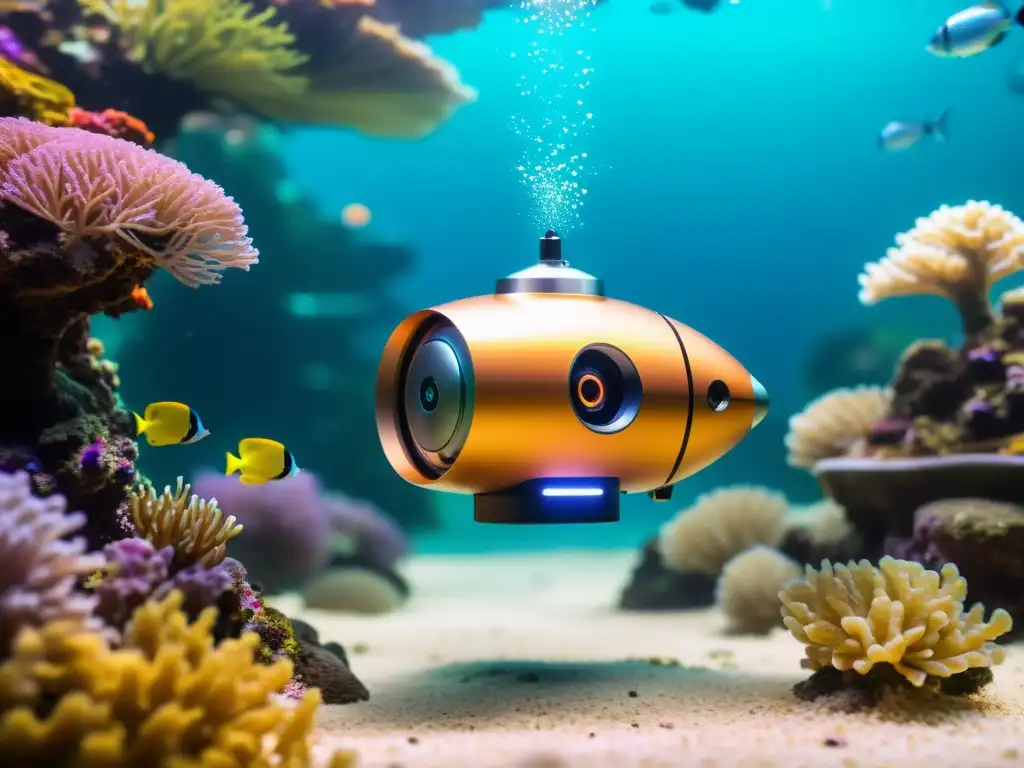 Un robot submarino futurista surcando un acuario, reflejando la belleza natural