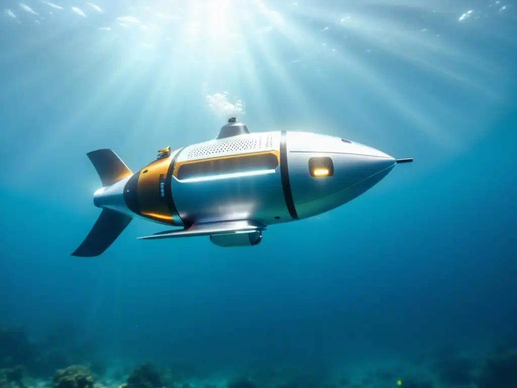 Un robot submarino futurista surca las aguas cristalinas, iluminado por el sol