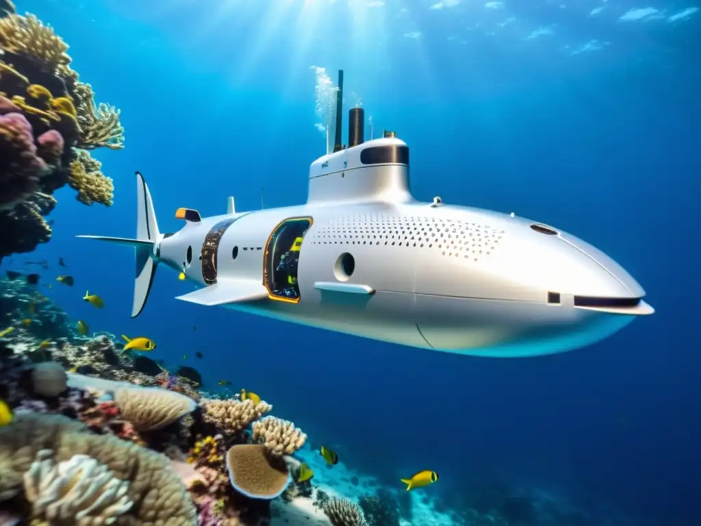 Un robot submarino plateado se desliza con gracia entre corales y peces en aguas azules, mostrando la fusión de tecnología y belleza natural