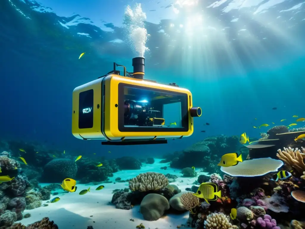 Un ROV futurista ilumina el vibrante paisaje submarino, mostrando la importancia de los ROVs en preservación oceánica