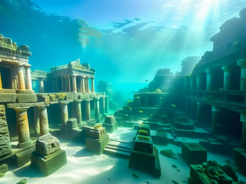 Ruinas de ciudad sumergida con coral y peces, reflejando la grandiosidad en un escenario submarino impresionante